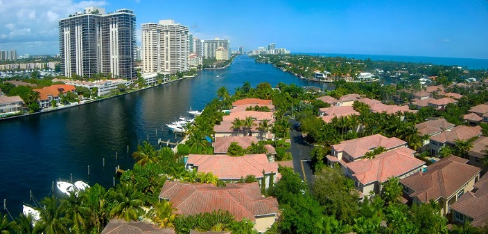 Areal view of Aventura on the West side of Waterway and Golden Beach on the right side